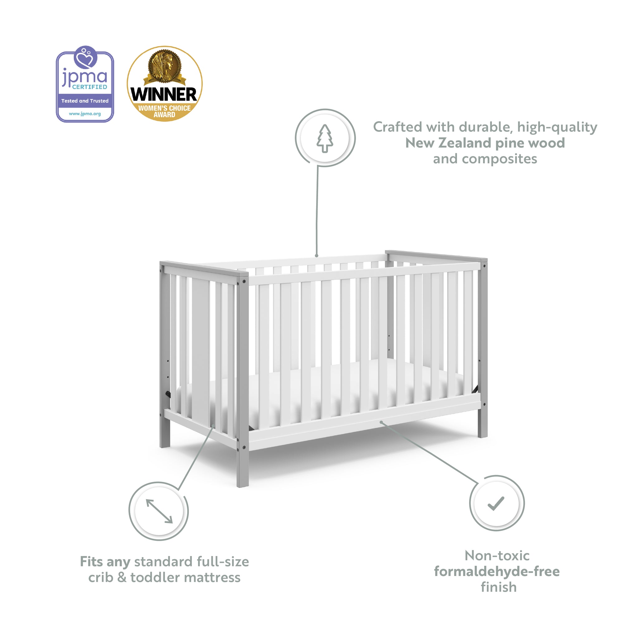 White crib with pebble gray with features graphic