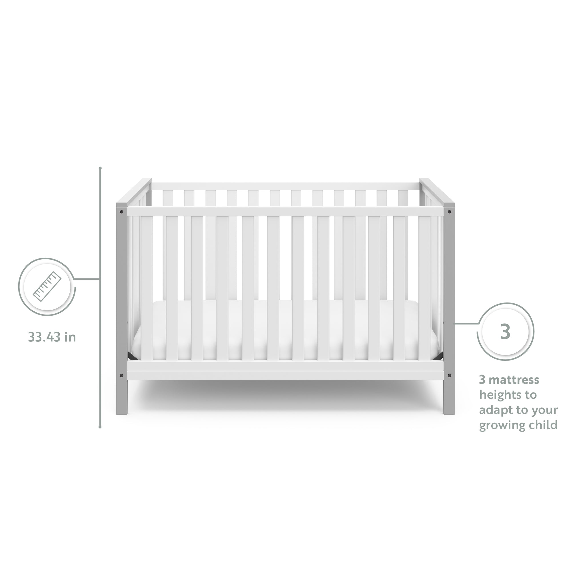 White crib with pebble gray with features graphic