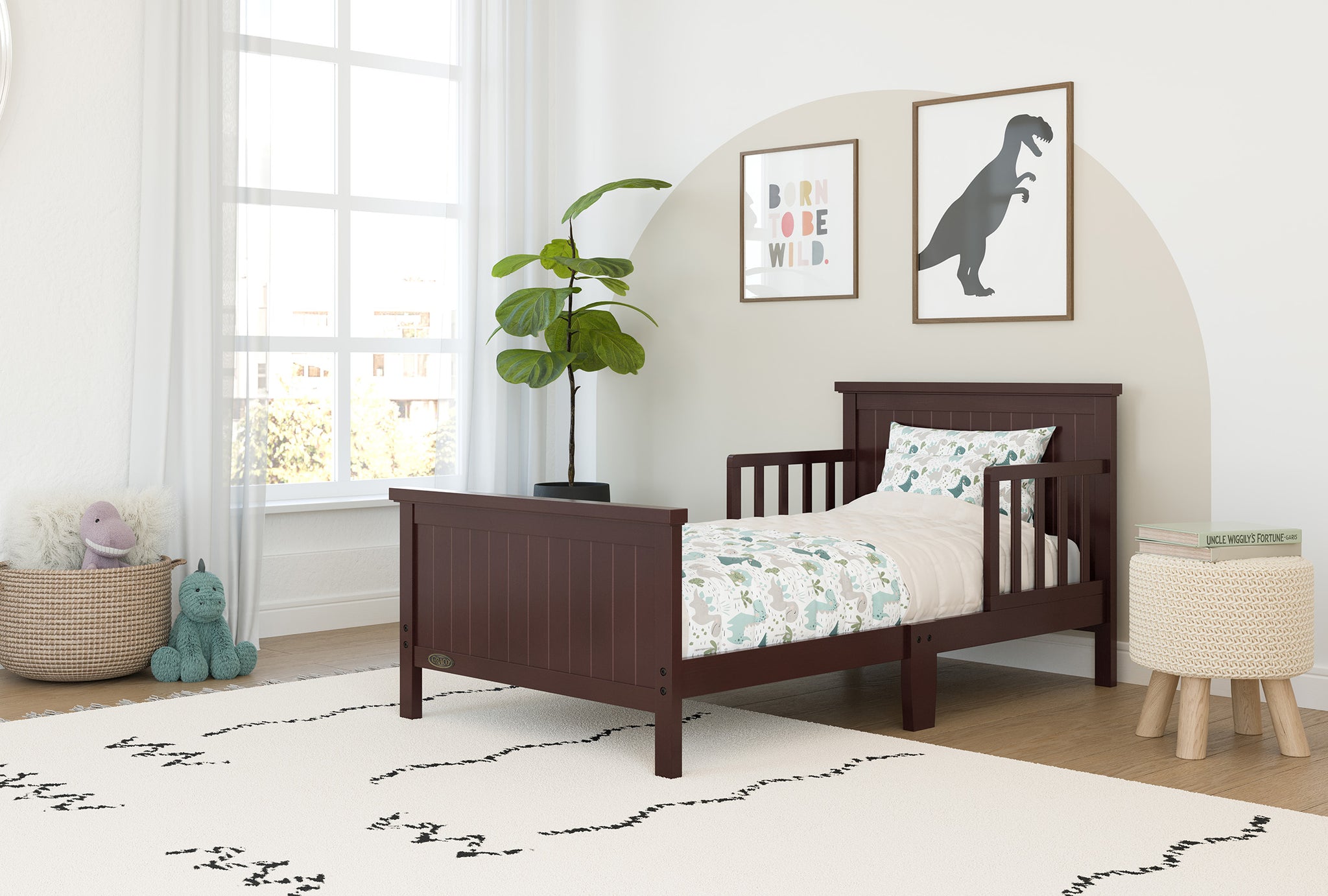 espresso toddler bed with guardrails in nursery
