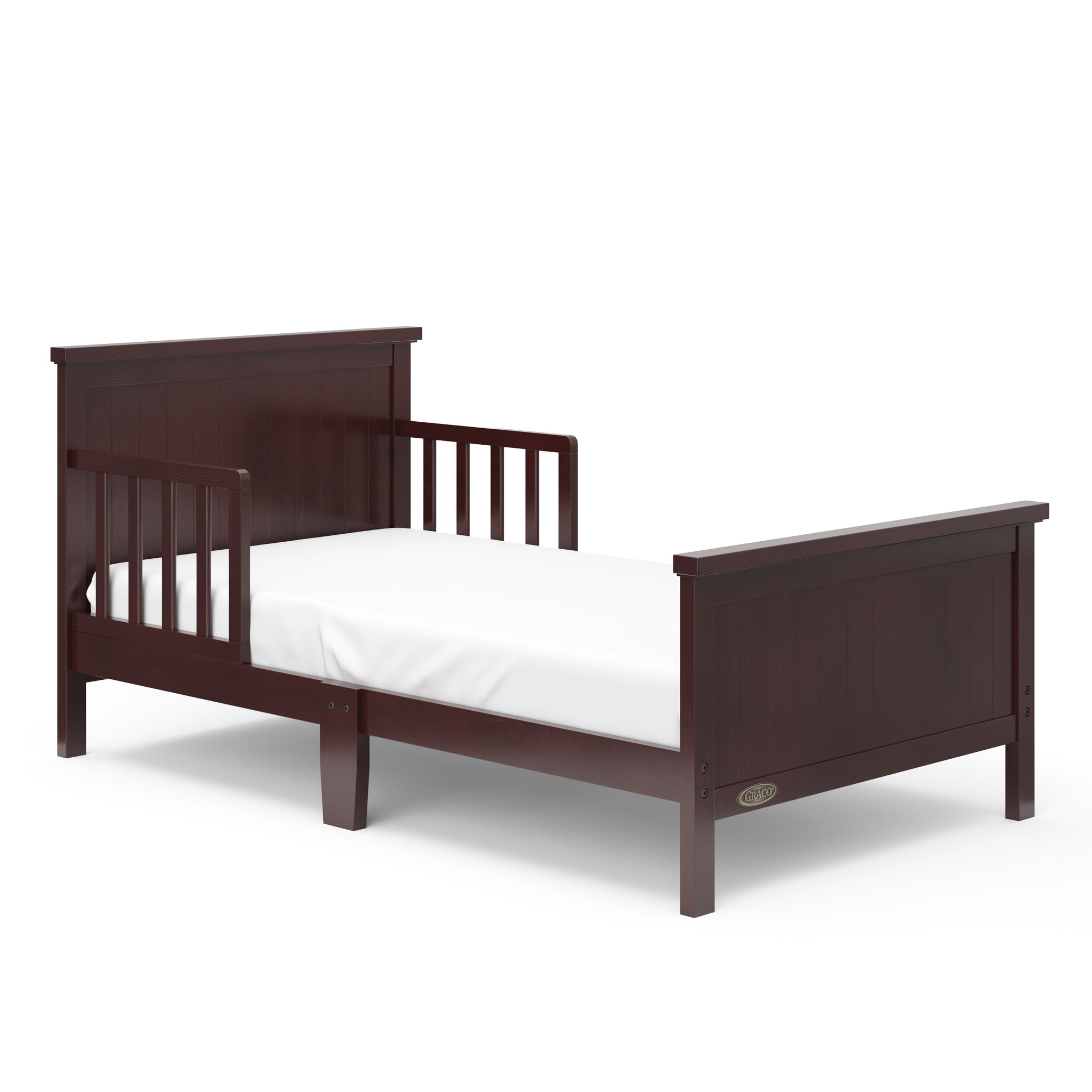 espresso toddler bed with guardrails angled