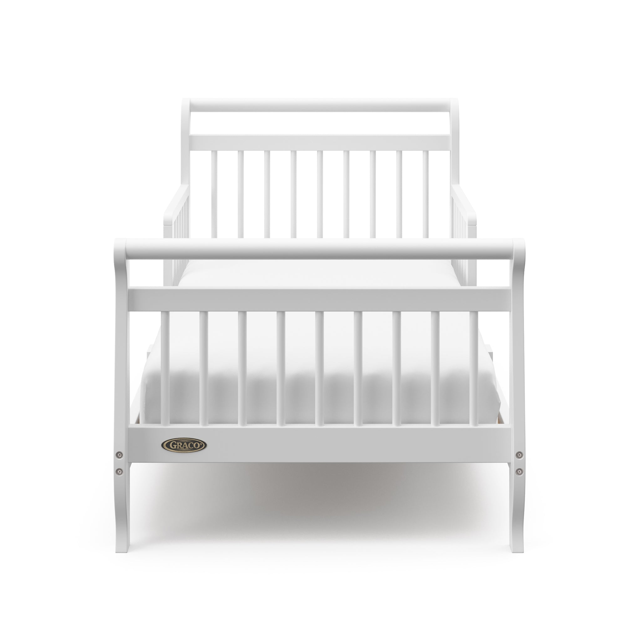 Front view of white toddler bed with guardrails