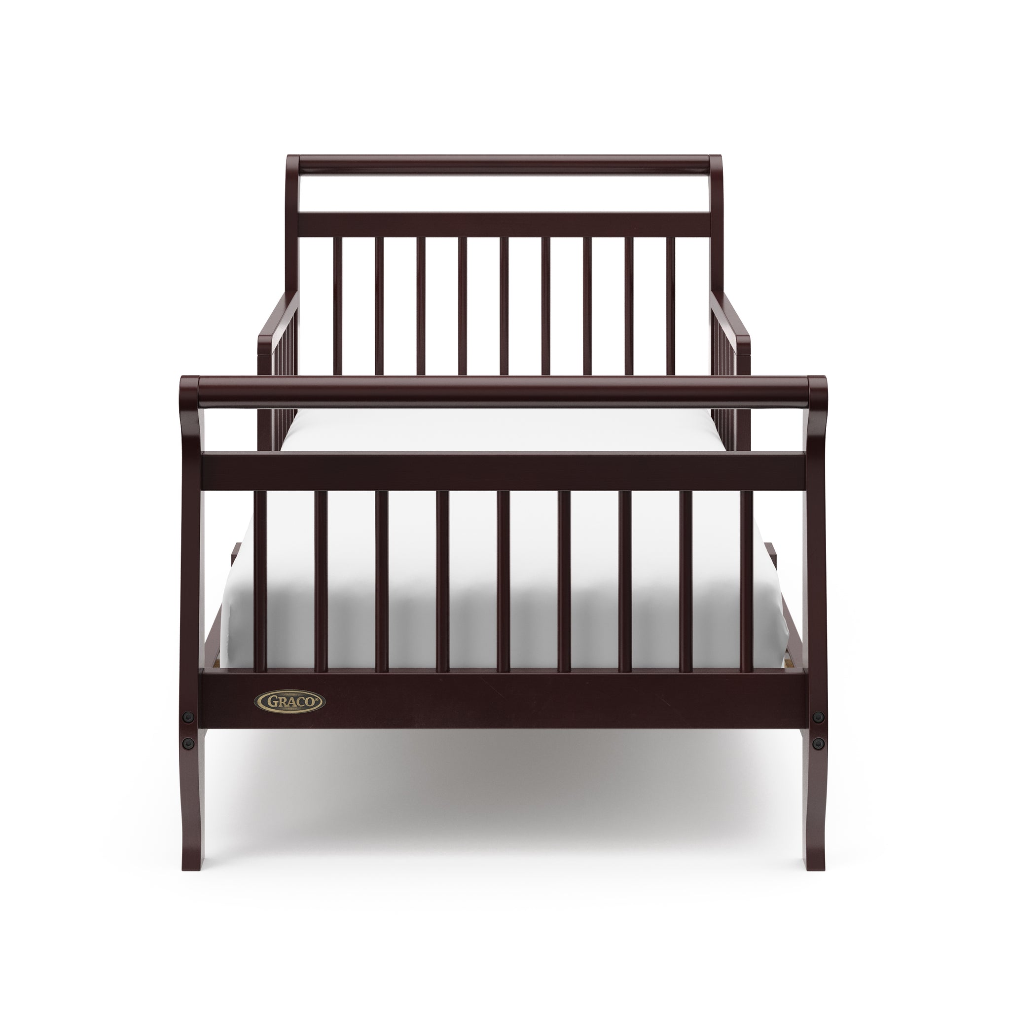 Front view of espresso toddler bed with guardrails