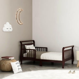 espresso toddler bed with guardrails in nursery