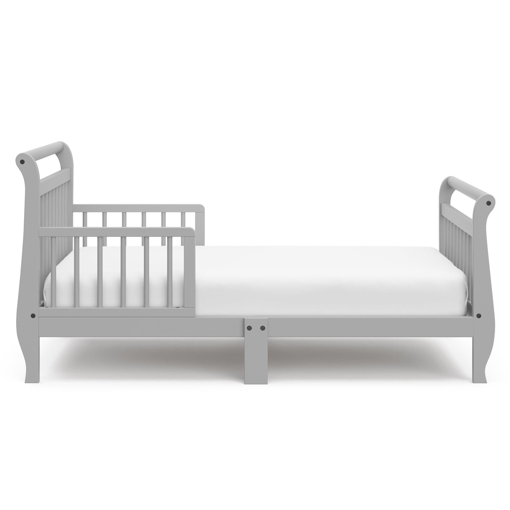Side view of pebble gray toddler bed with guardrails