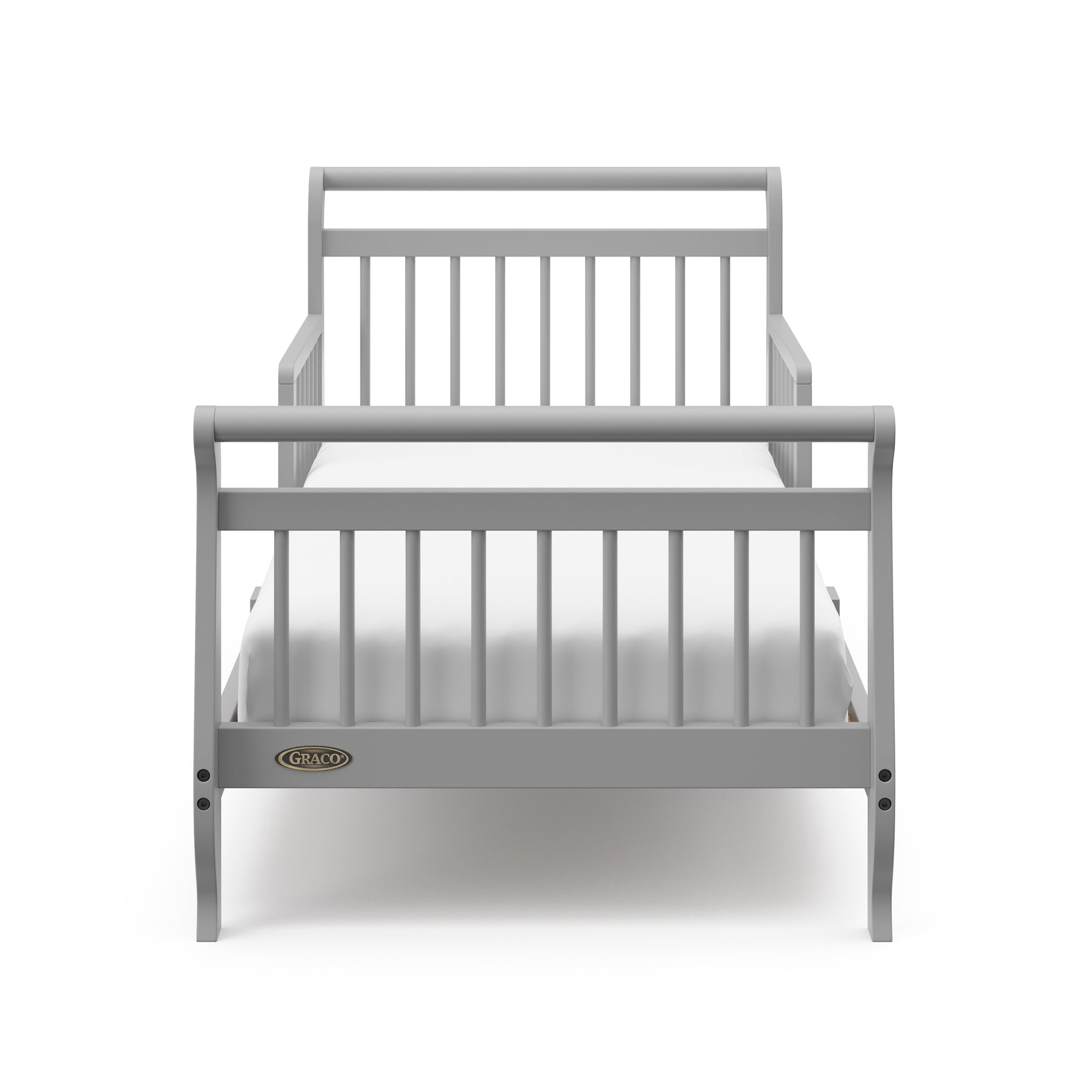 Front view of pebble gray toddler bed with guardrails
