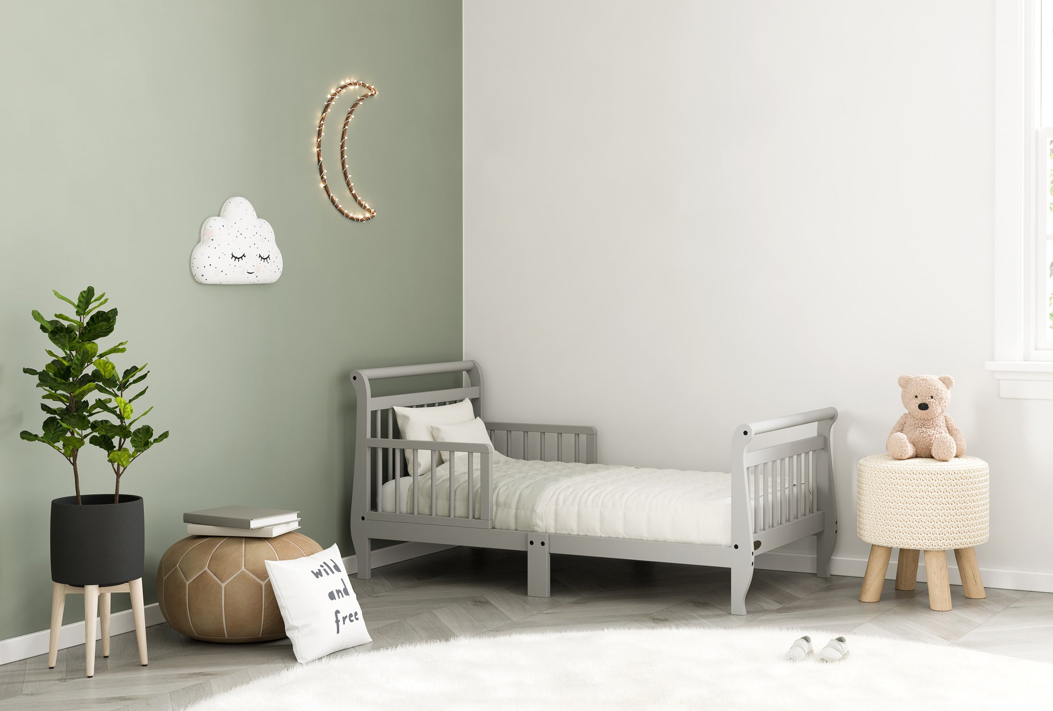 pebble gray toddler bed with guardrails in nursery