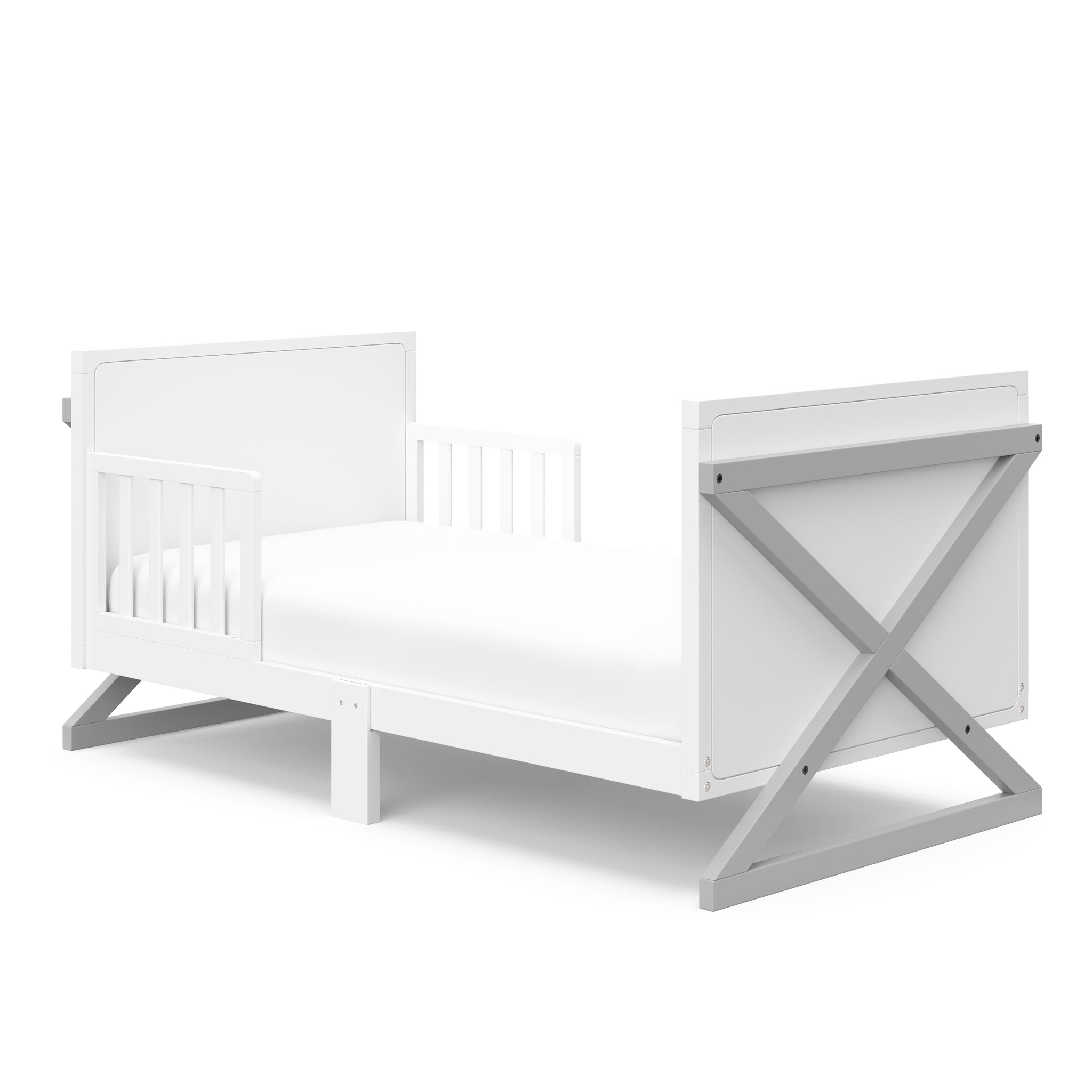 white with Pebble gray toddler bed with guardrails angled