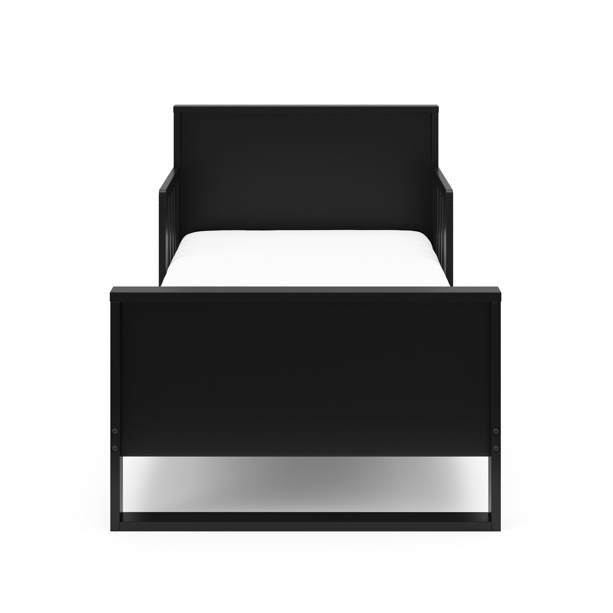 Front view of black toddler bed with guardrails 