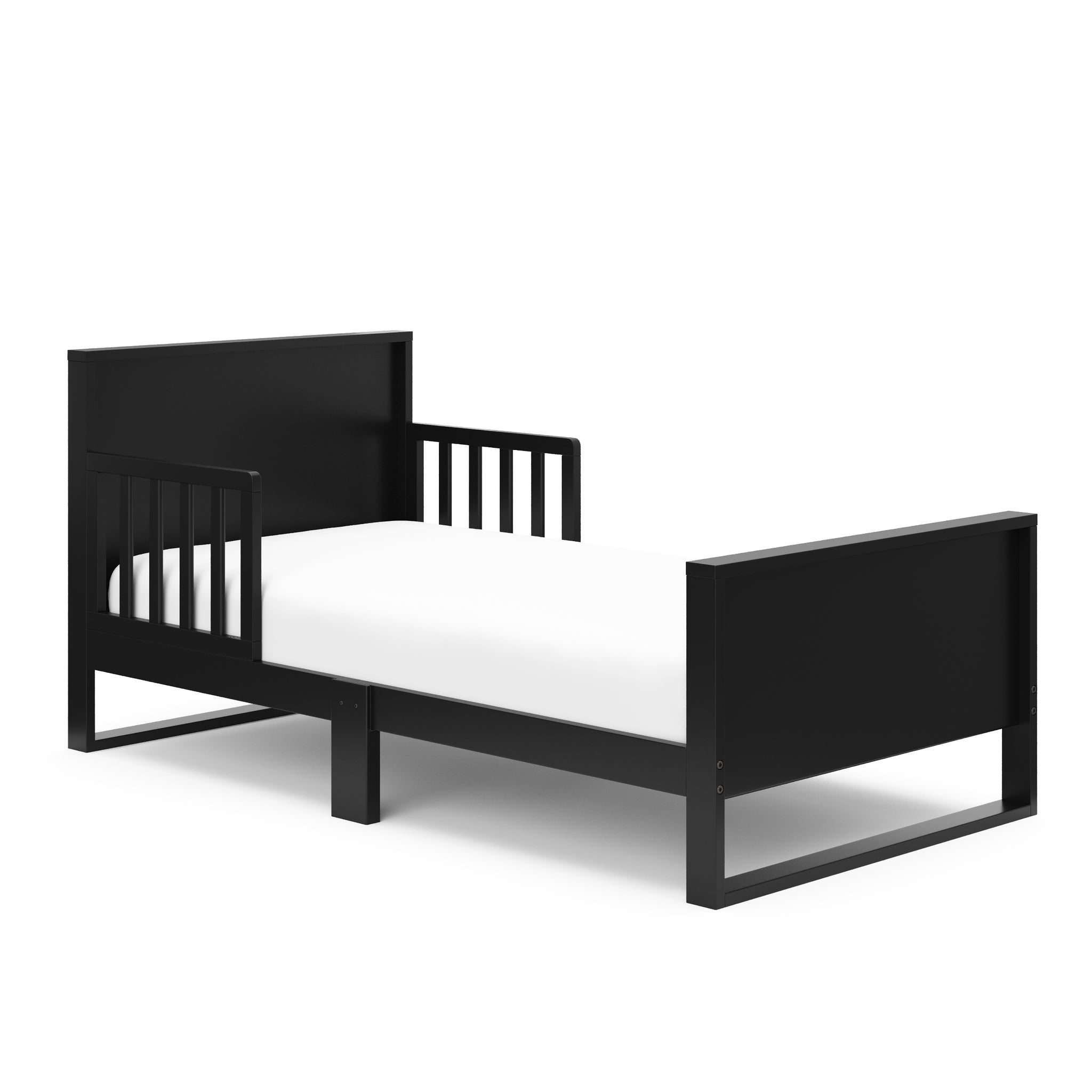 Black toddler bed with guardrails angled 