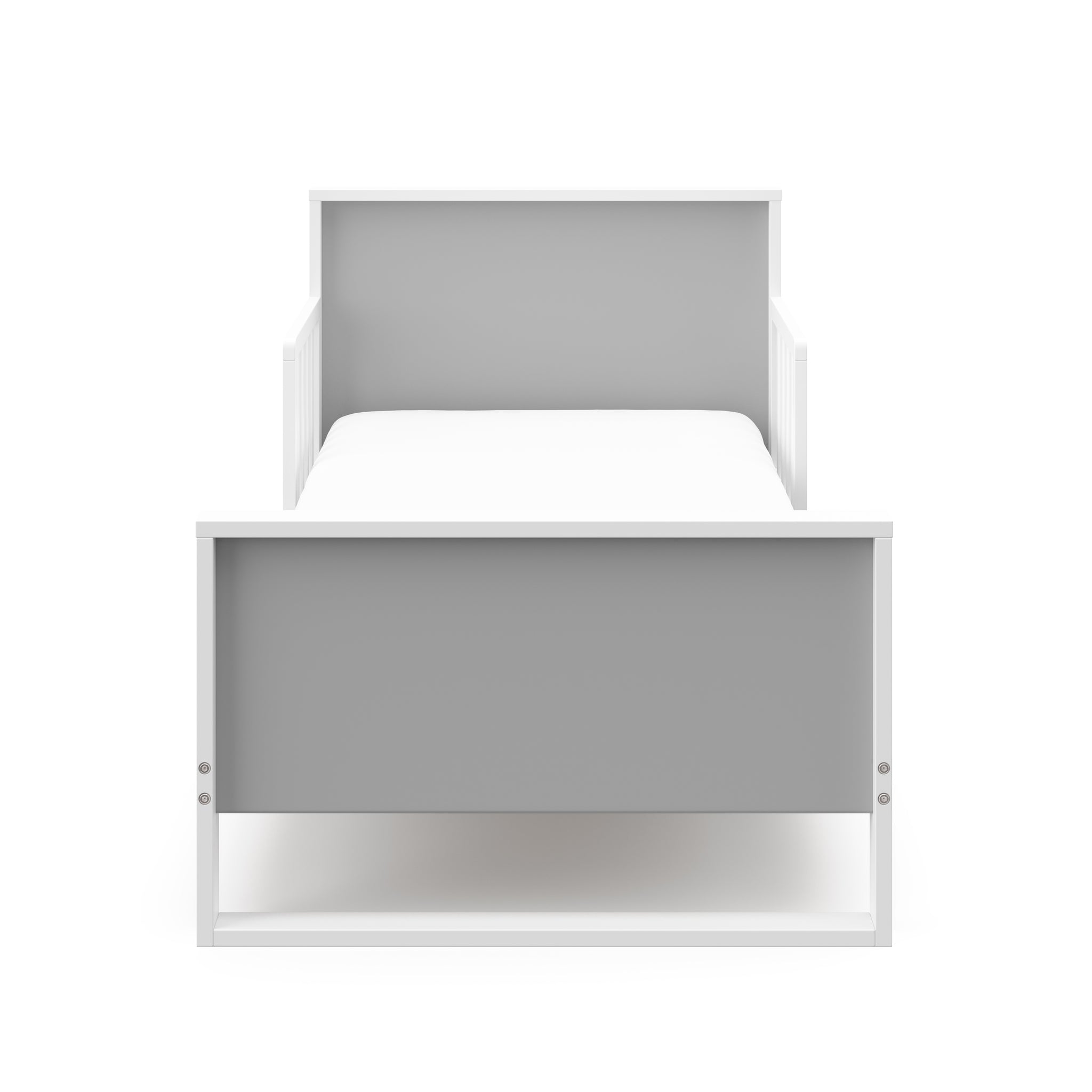 Front view of white with pebble gray toddler bed with guardrails 