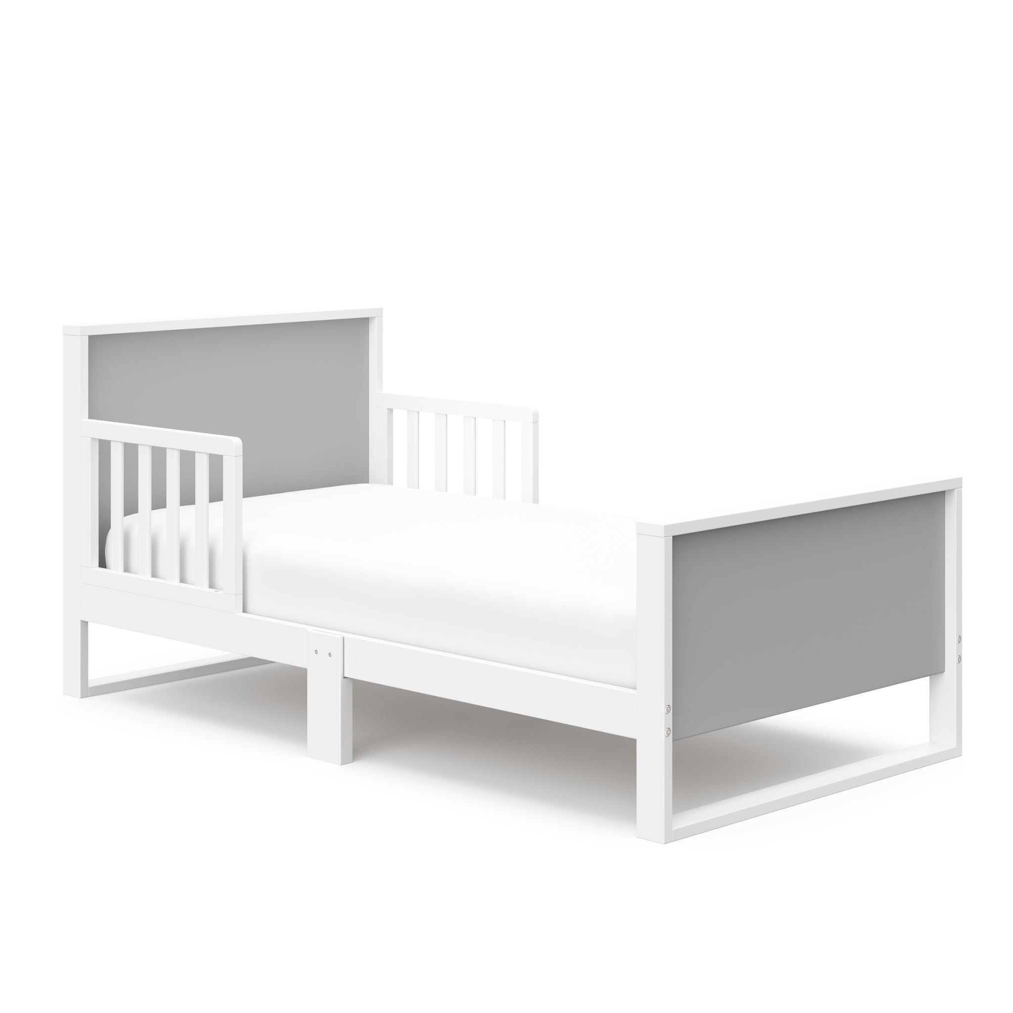 White with Pebble gray toddler bed with guardrails angled 
