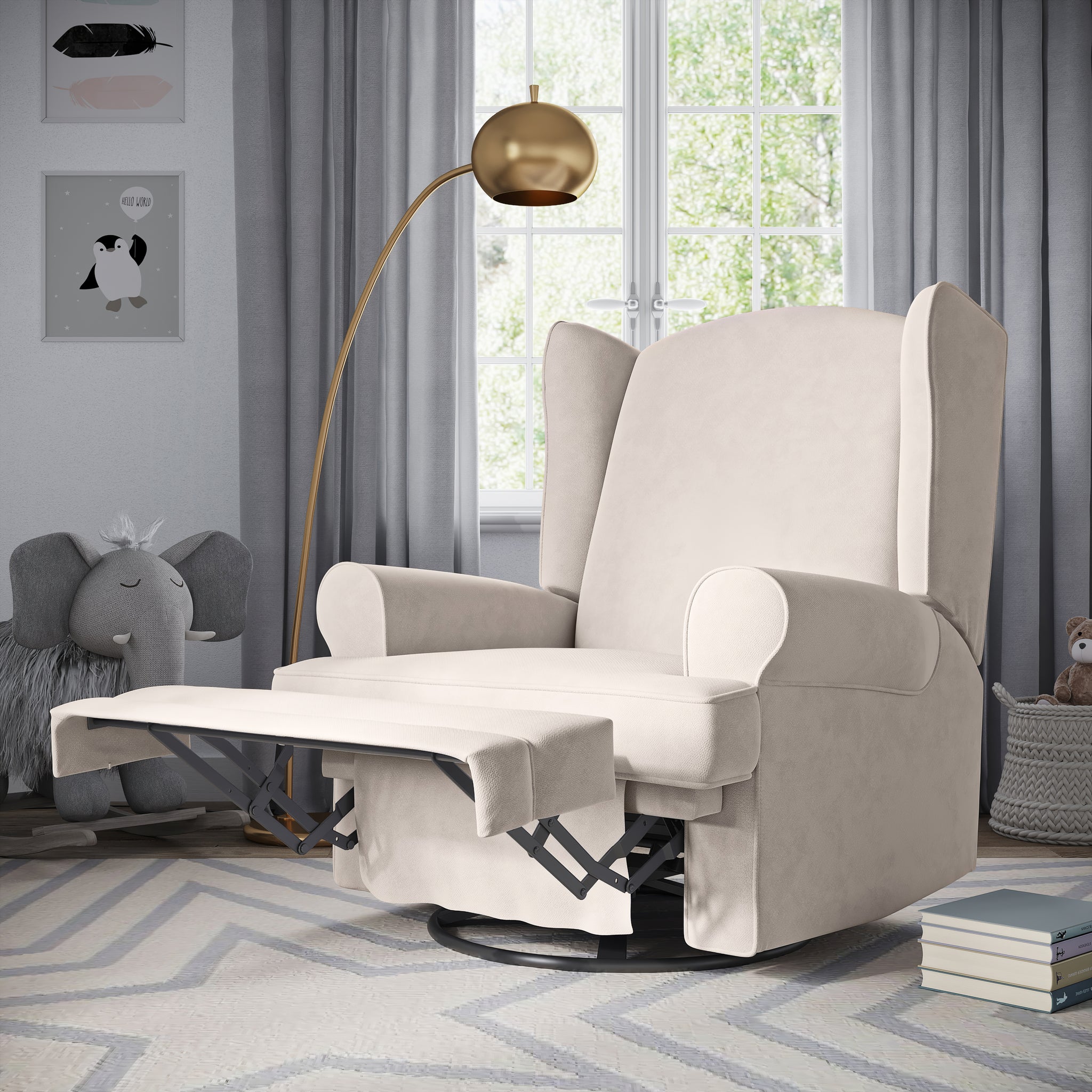 ivory reclining glider with footrest angled in nursery 
