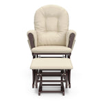 cherry glider and ottoman with beige cushions front view