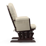 cherry glider and ottoman with beige cushions side view