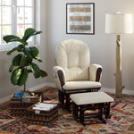 cherry glider and ottoman with beige cushions in nursery