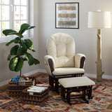cherry glider and ottoman with beige cushions in nursery