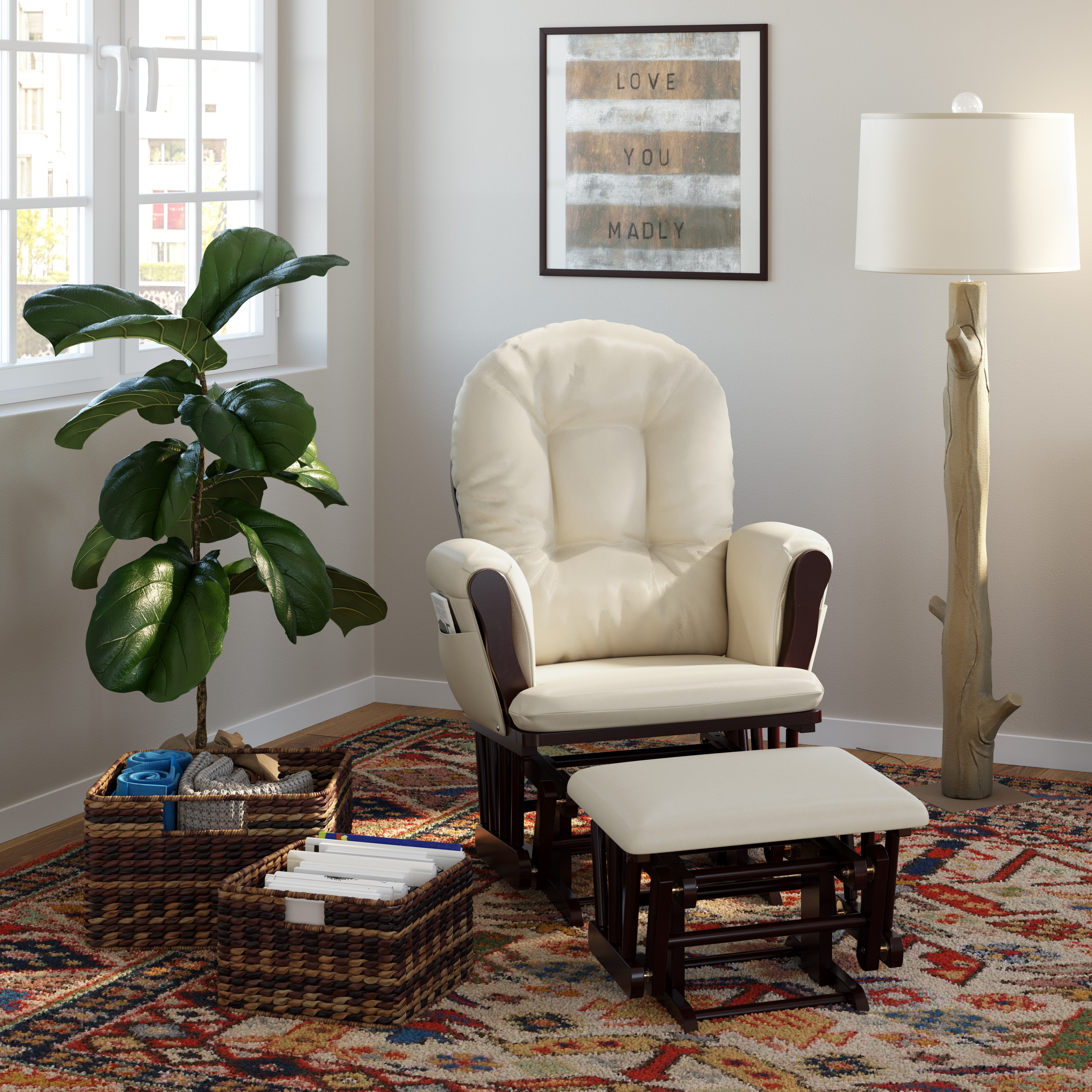 cherry glider and ottoman with beige cushions in nursery