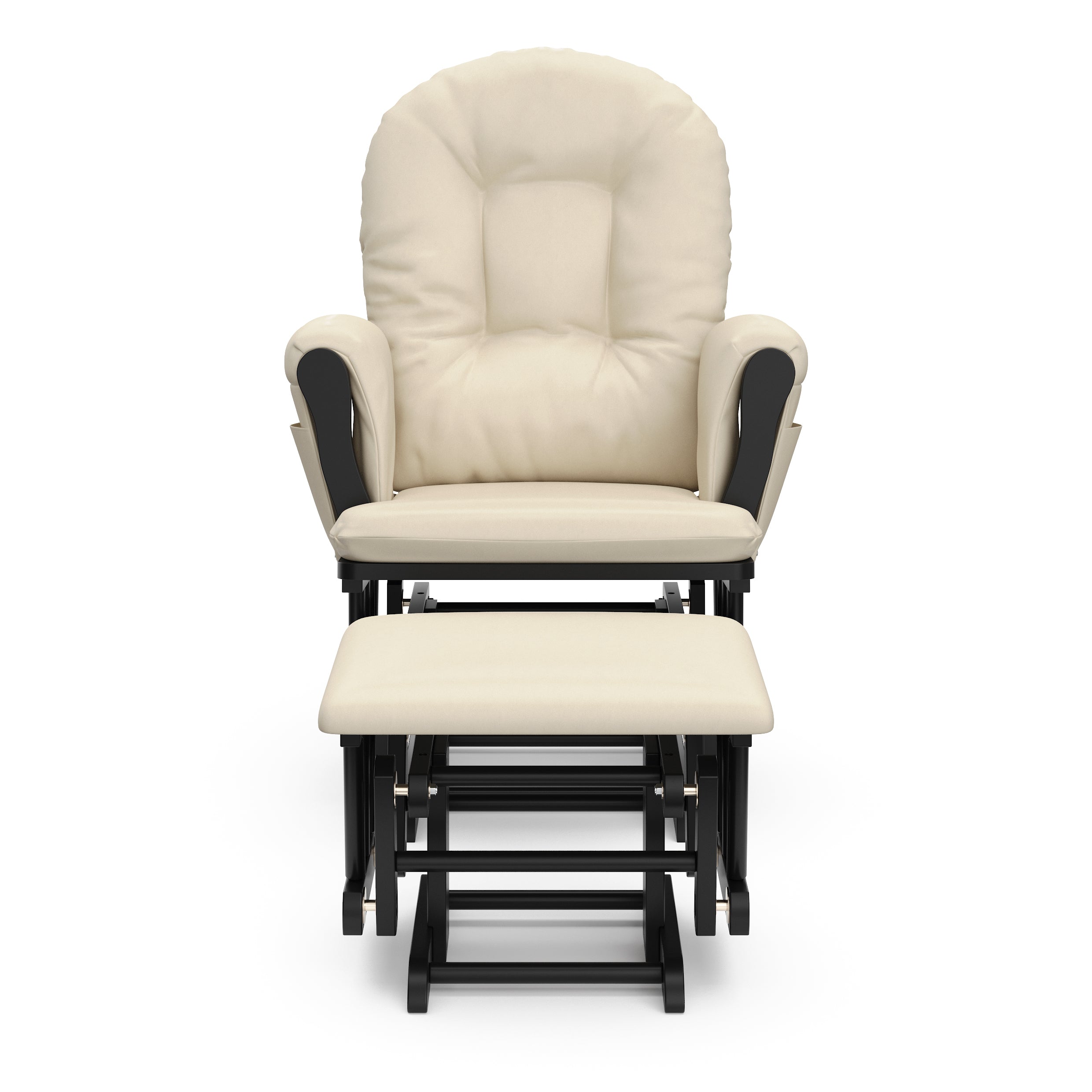 black glider and ottoman with beige cushions front view