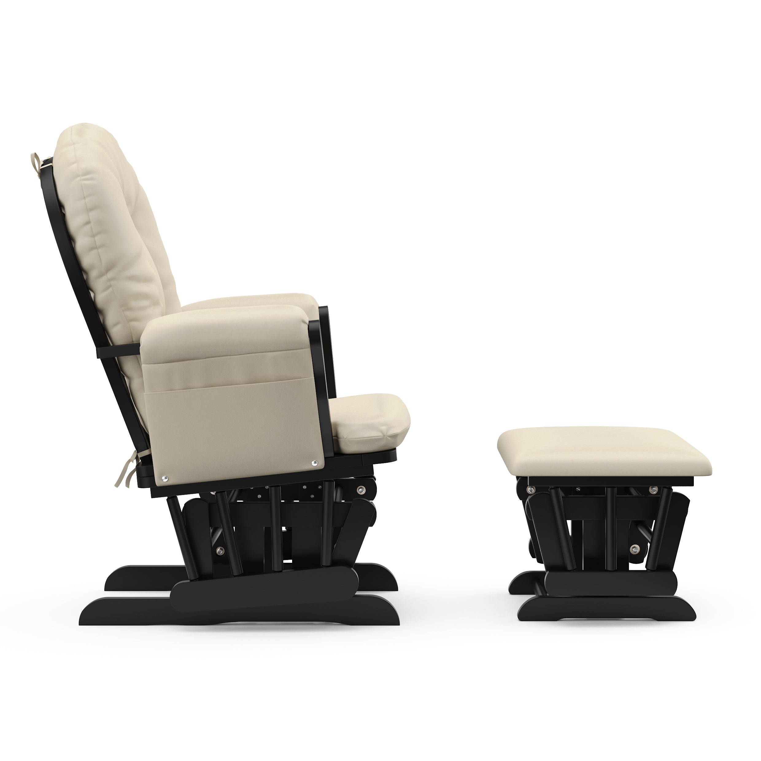 black glider with beige cushions side view
