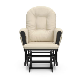 black glider with beige cushions front view