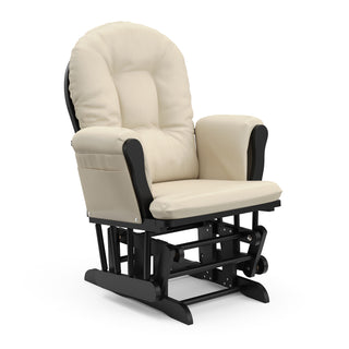 black glider with beige cushions angled view