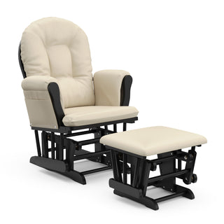 black glider and ottoman with beige cushions angled view