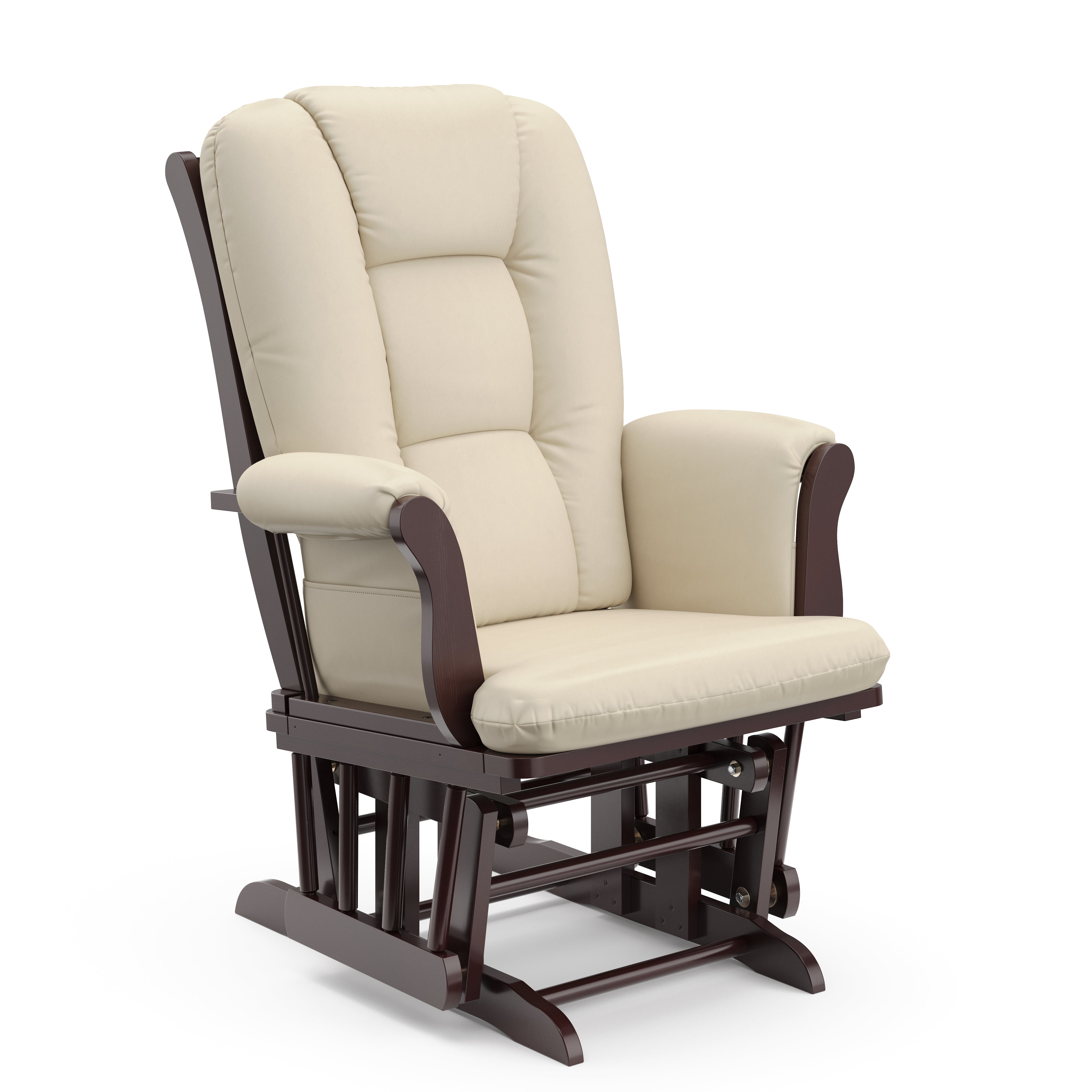 espresso glider with beige cushions side view 