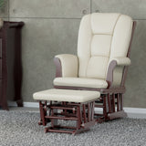 espresso glider and ottoman with beige cushions in nursery 