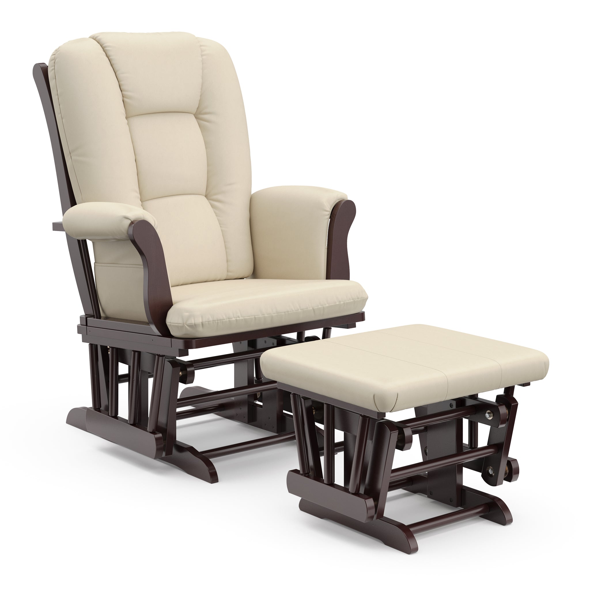 espresso glider with beige cushions angled view 