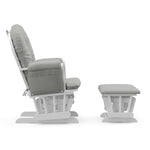 white glider and ottoman with light gray cushions side view