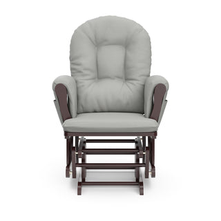 espresso glider with light gray cushions front view