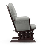 espresso glider with light gray cushions side view