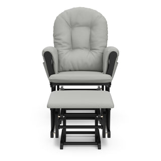 black glider and ottoman with light gray cushions front view