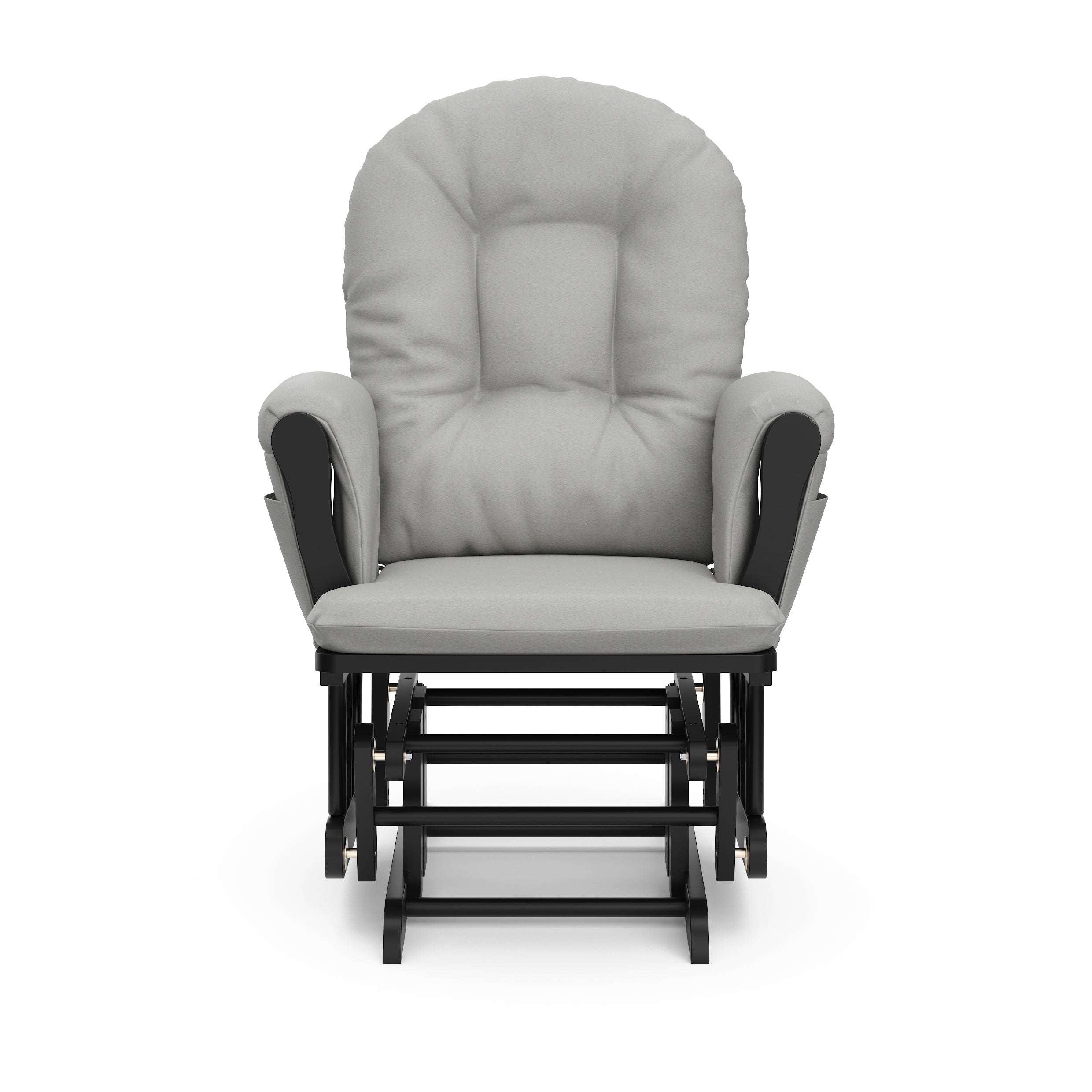 black glider with light gray cushions front view
