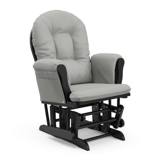 black glider with light gray cushions angled view