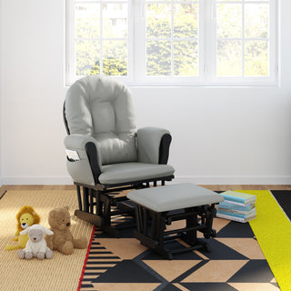 black glider and ottoman with light gray cushions in nursery