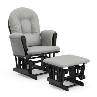 black glider and ottoman with light gray cushions angled view