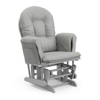 pebble gray glider with light gray cushions angled view