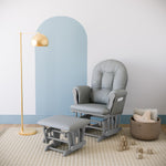 pebble gray glider and ottoman with light gray cushions in nursery