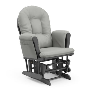 gray glider with light gray cushions angled view