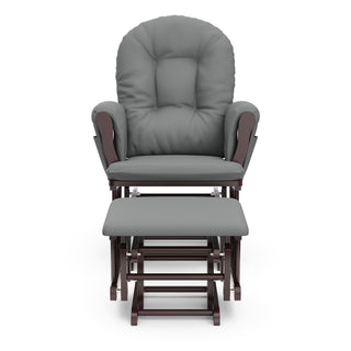 espresso glider and ottoman with gray cushions front view