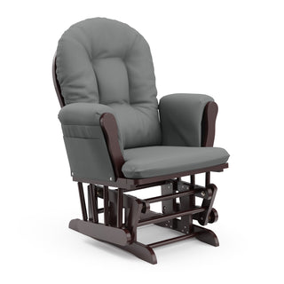espresso glider with gray cushions angled view
