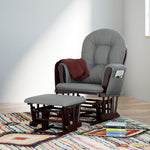 espresso glider and ottoman with gray cushions in nursery