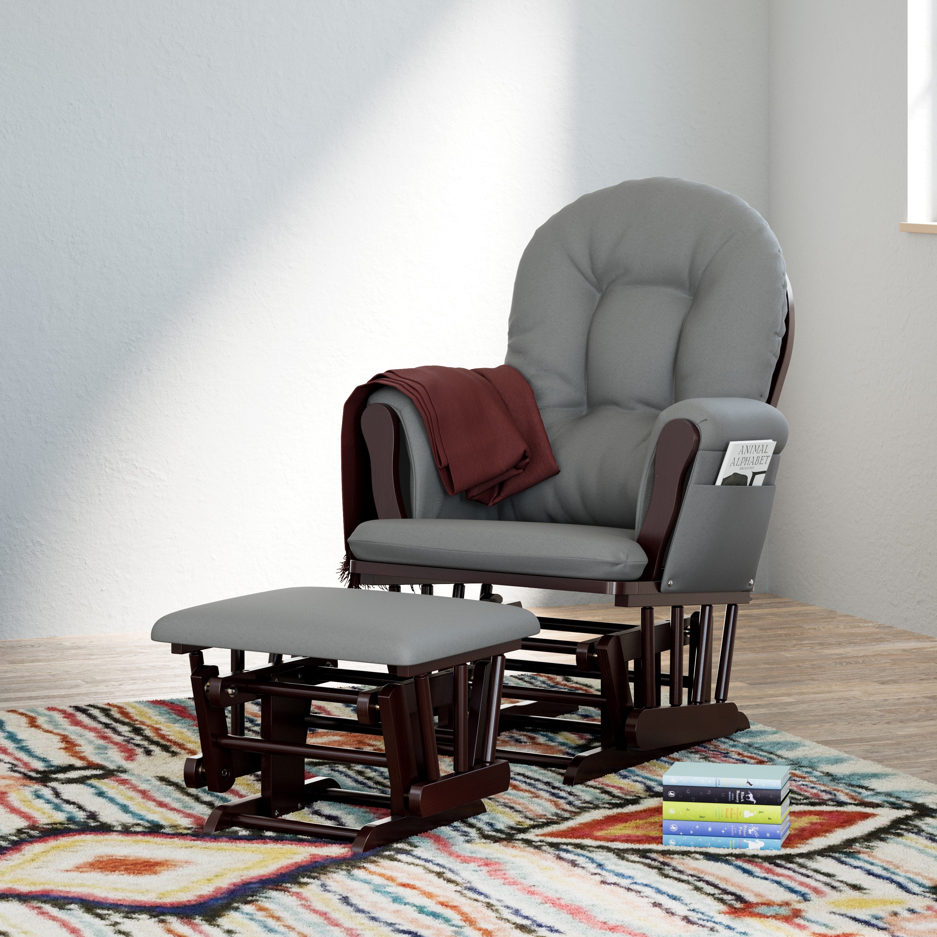 espresso glider and ottoman with gray cushions in nursery