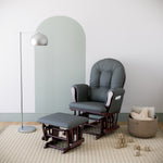 espresso glider and ottoman with gray cushions in nursery