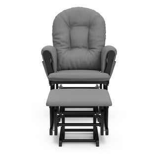black glider and ottoman with gray cushions front view