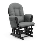 black glider with gray cushions angled view