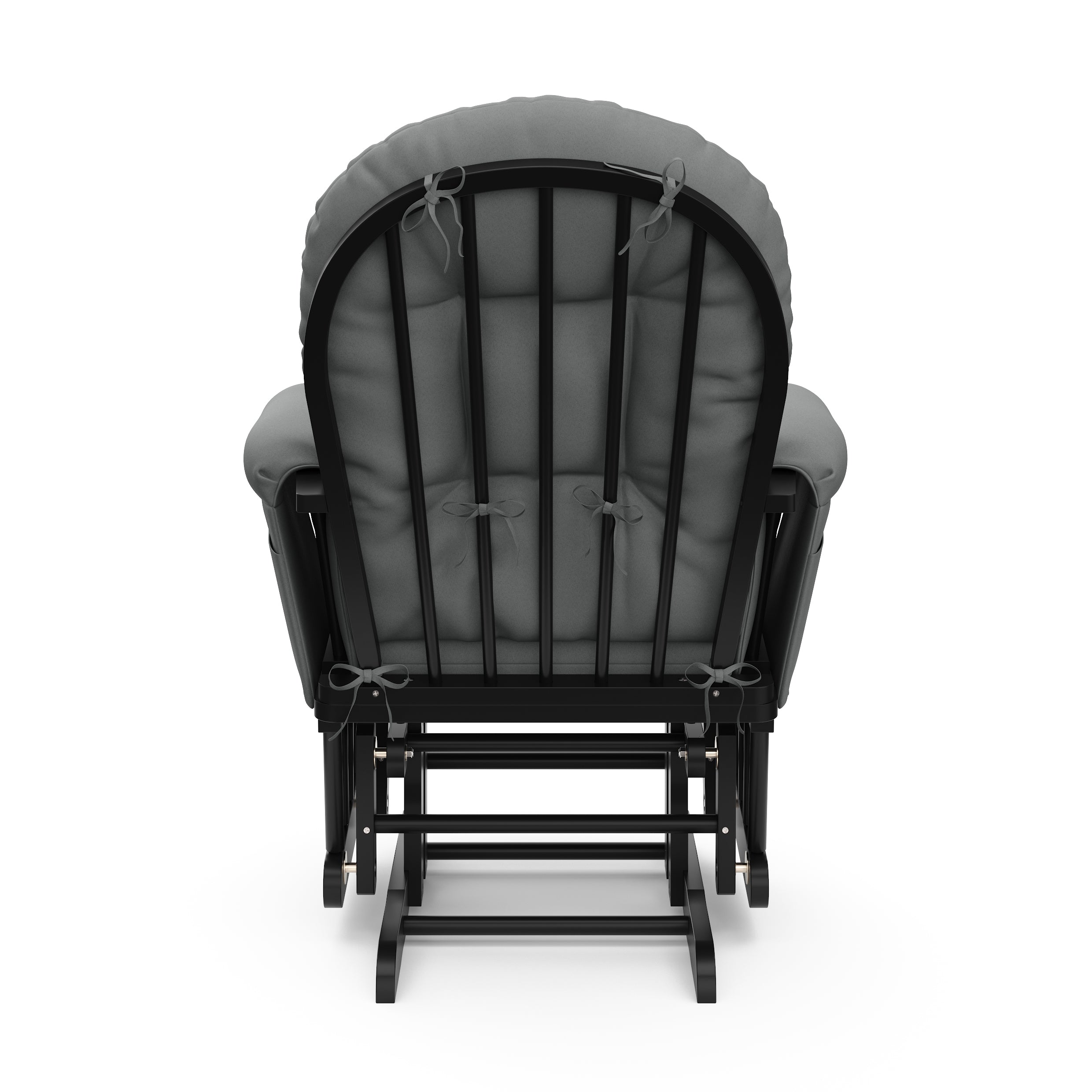 black glider with gray cushions back view