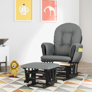 black glider and ottoman with gray cushions in nursery