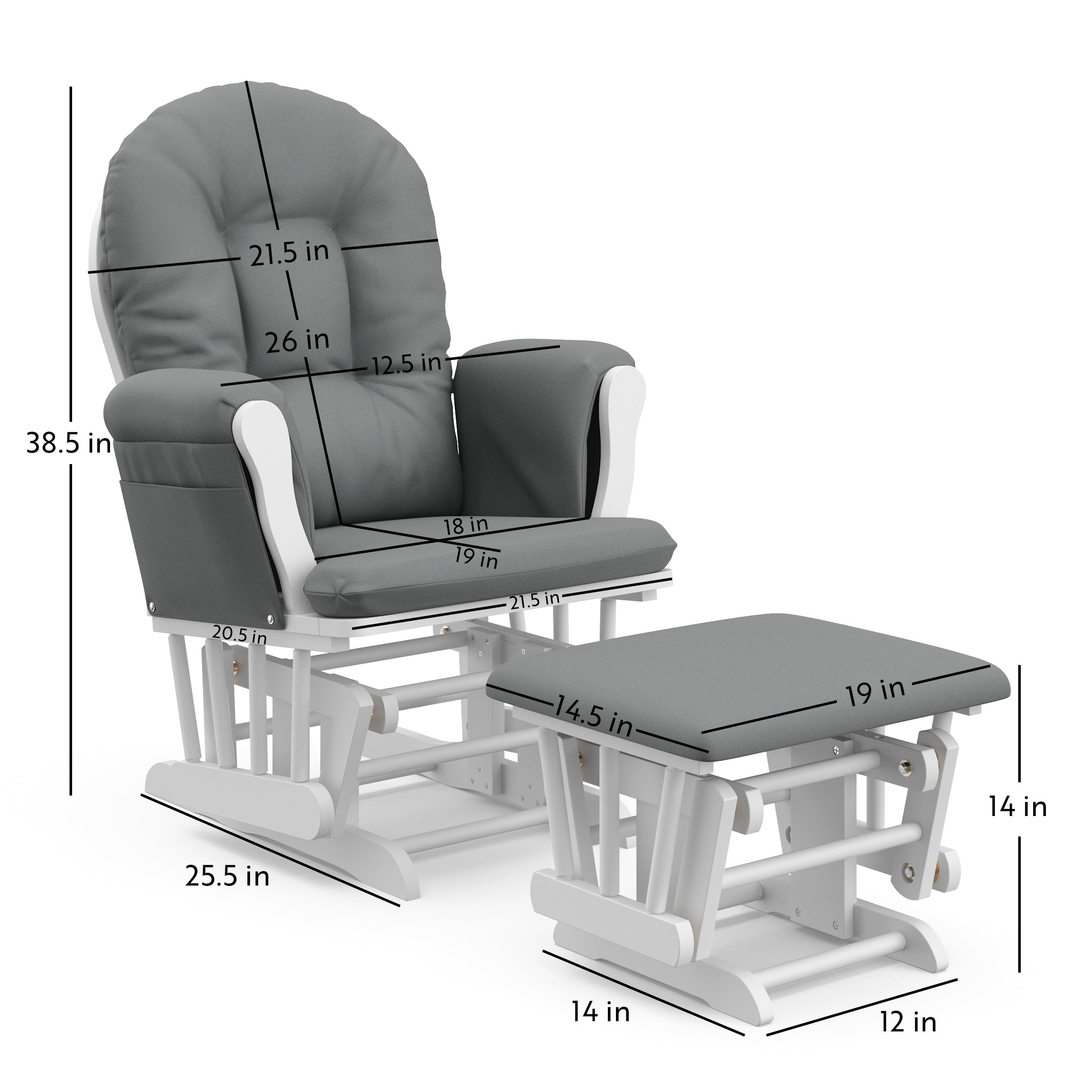 white glider with gray cushions with dimensions
